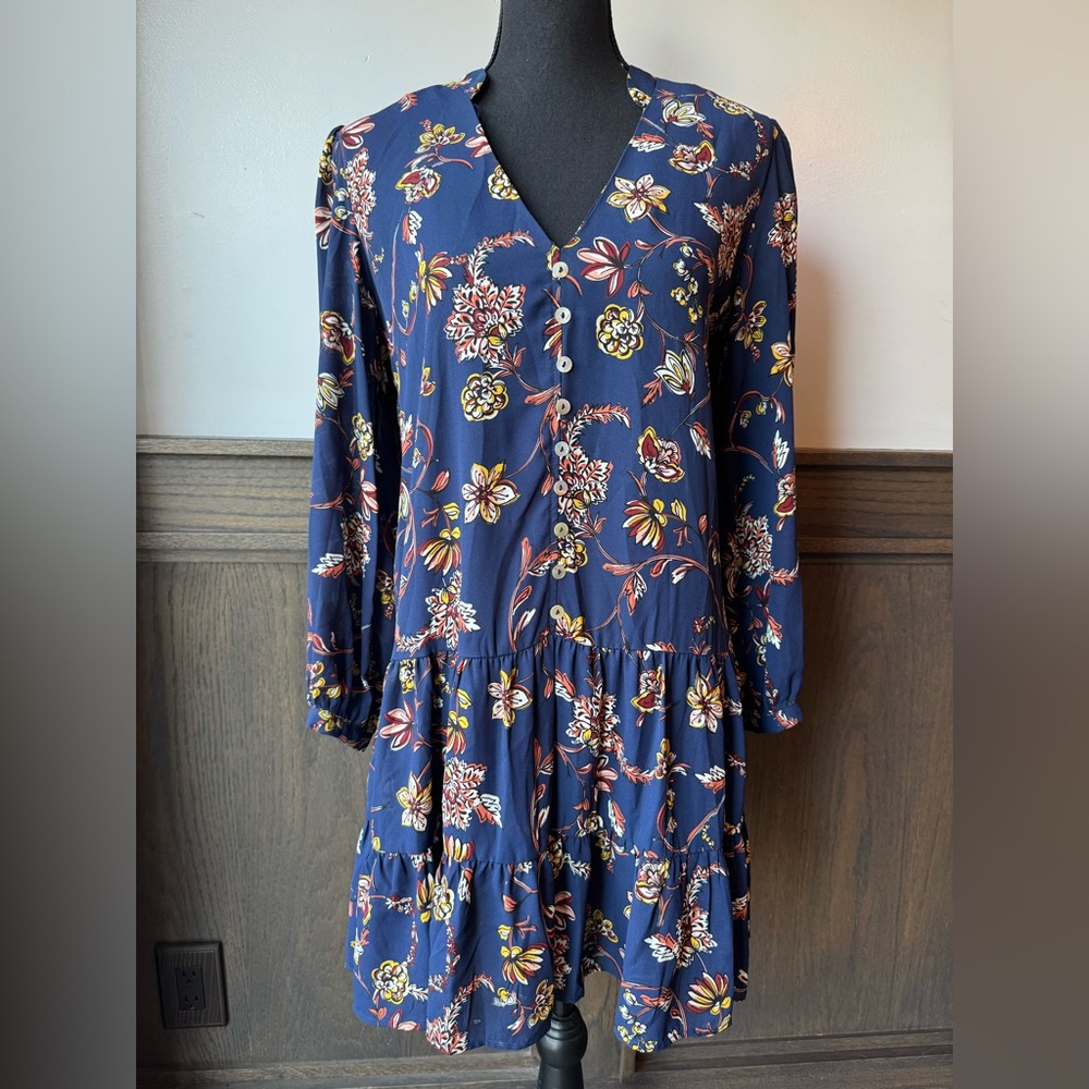 Emma & Michele Navy Floral V-Neck Drop Waist Dress small EUC